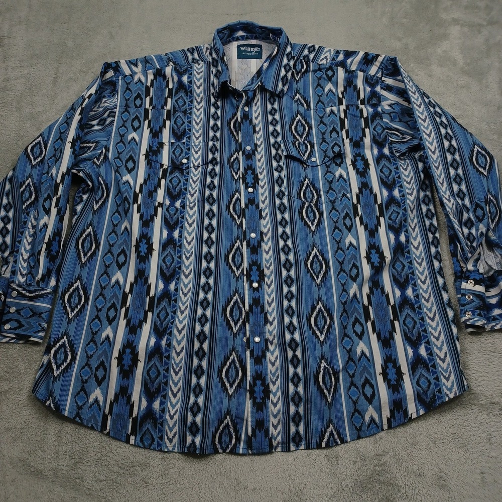 Wrangler Shirt Mens XXL Blue Pearl Snap Geometric Southwestern Cowboy Western